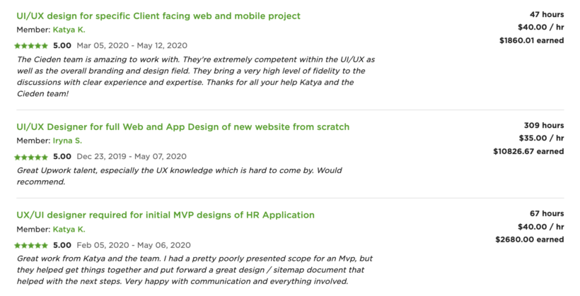 Cieden's reviews on Upwork examples
